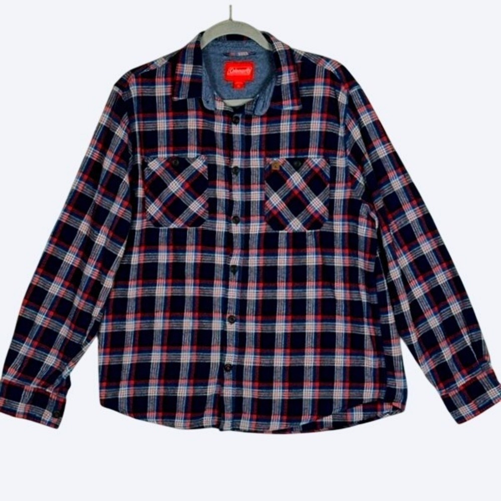 Coleman Mens XL Flannel Shirt Navy Blue Red Plaid Long Sleeve Button Down Cotton